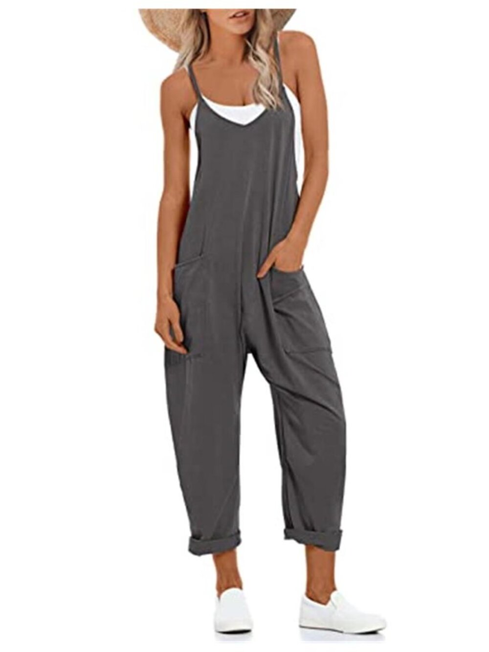Womens Cotton Jumpsuit Wide Leg Baggy Overalls Sleeveless Romper With Pockets